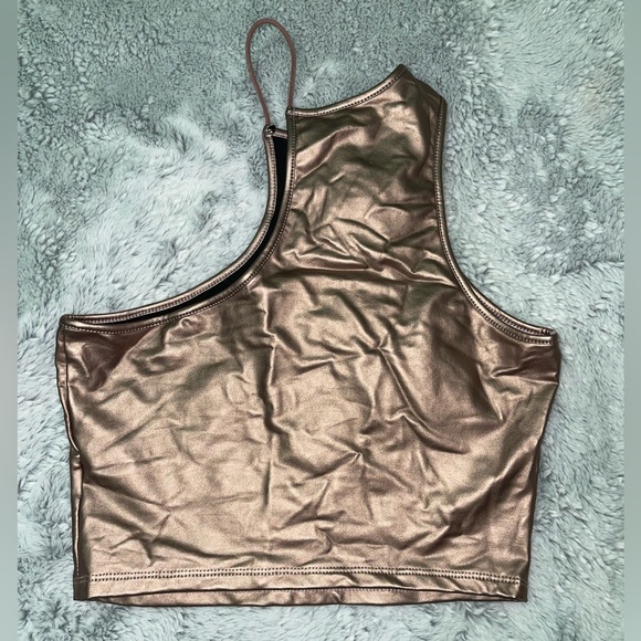 SHEIN BAE Solid Asymmetrical Neck PU Leather Top - Picture 2 of 3